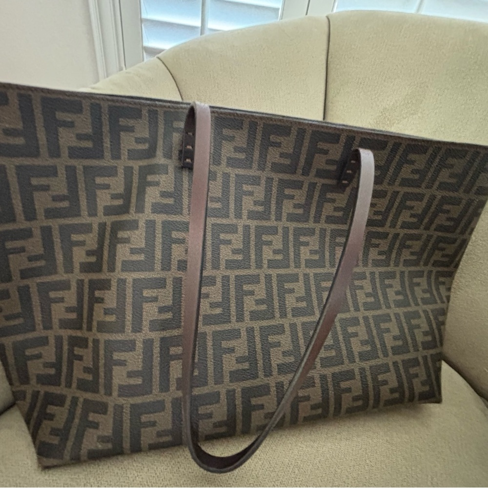 Fendi Tobacco brown FF jacquard and striped Pequin fabric shopper